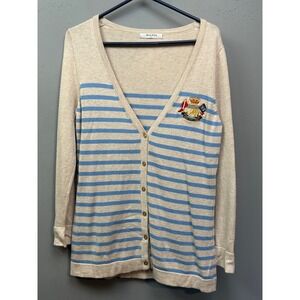 Bean Pole Cashmere Blend Striped Cardigan Sweater Beige Blue Crest Womens Medium